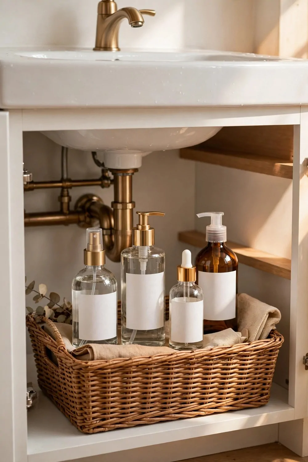 A woven basket under a bathroom sink holding bottles with blank labels, warm light, tidy