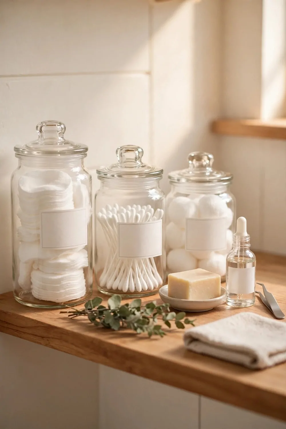 Clear glass jars with cotton pads and small bathroom items on a wooden shelf, blank labels, warm light