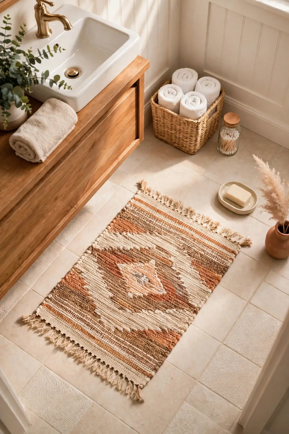 A small woven rug on a bathroom floor, warm light, tidy and calm