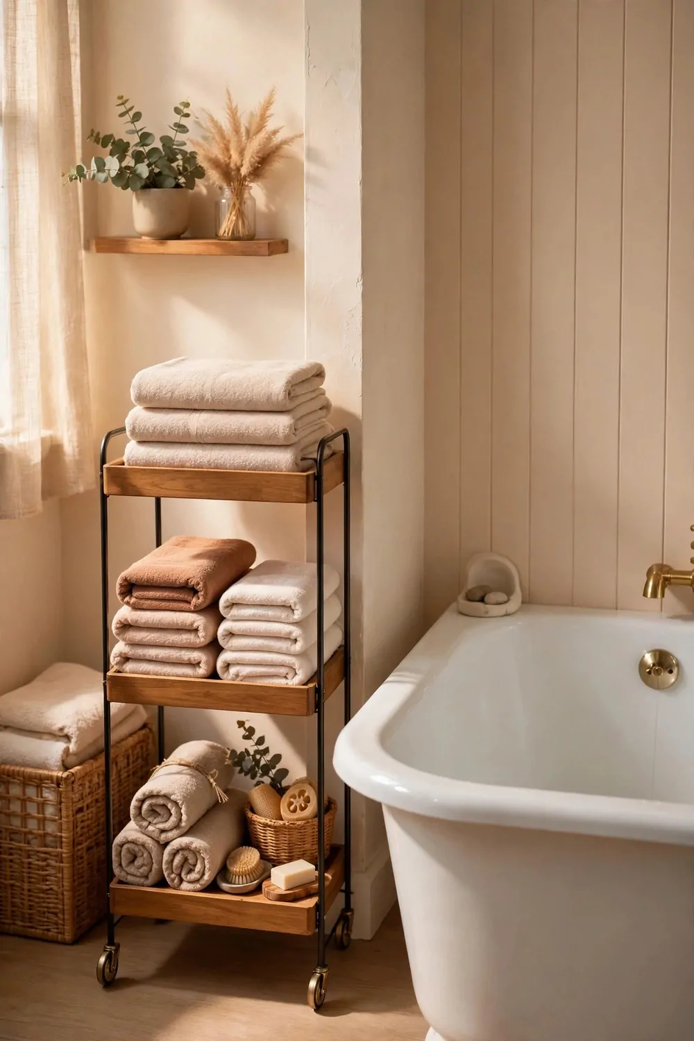 A narrow rolling cart with folded towels beside a small bathtub, warm light, tidy