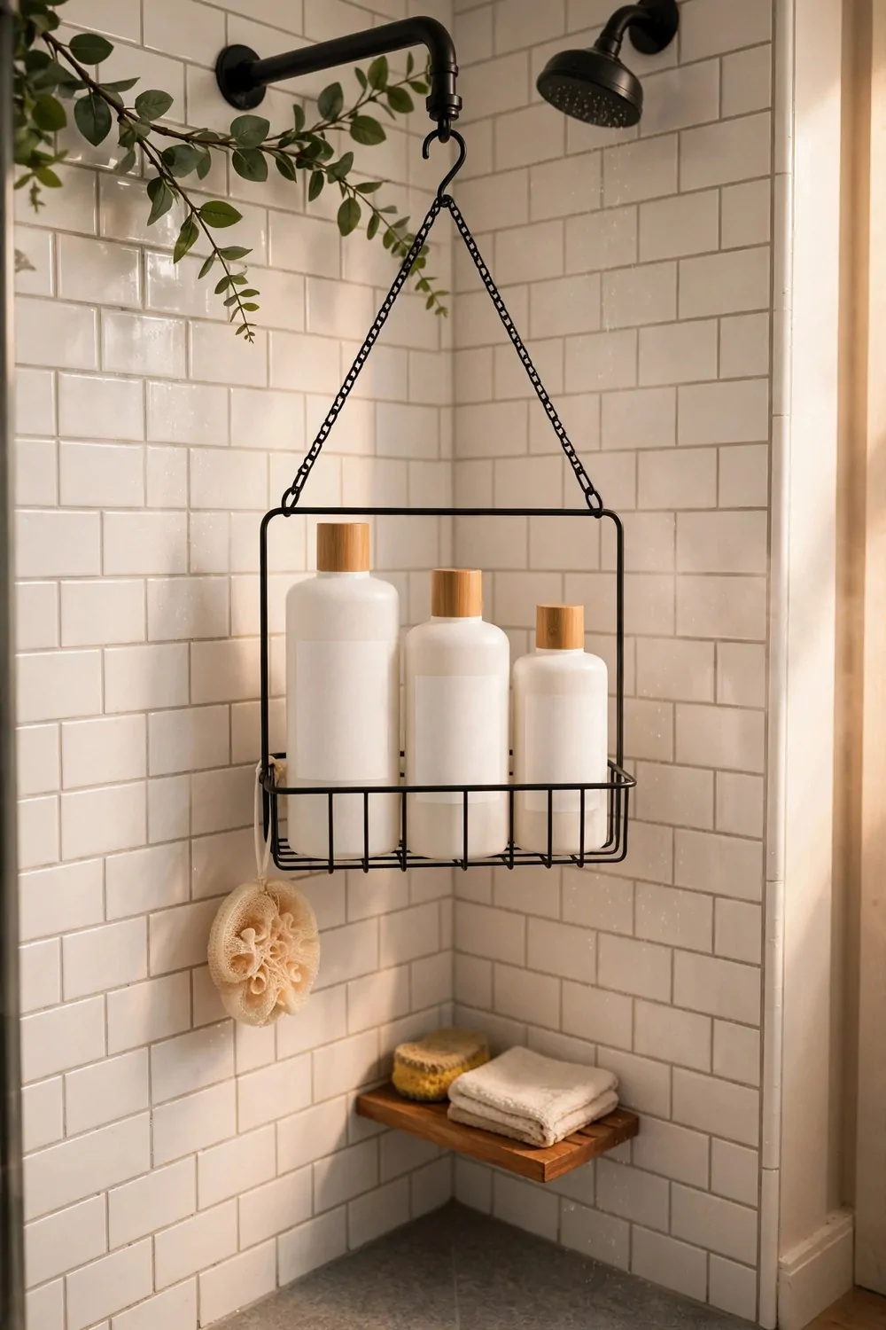 A hanging shower caddy with blank-label bottles in a small shower, warm light, tidy