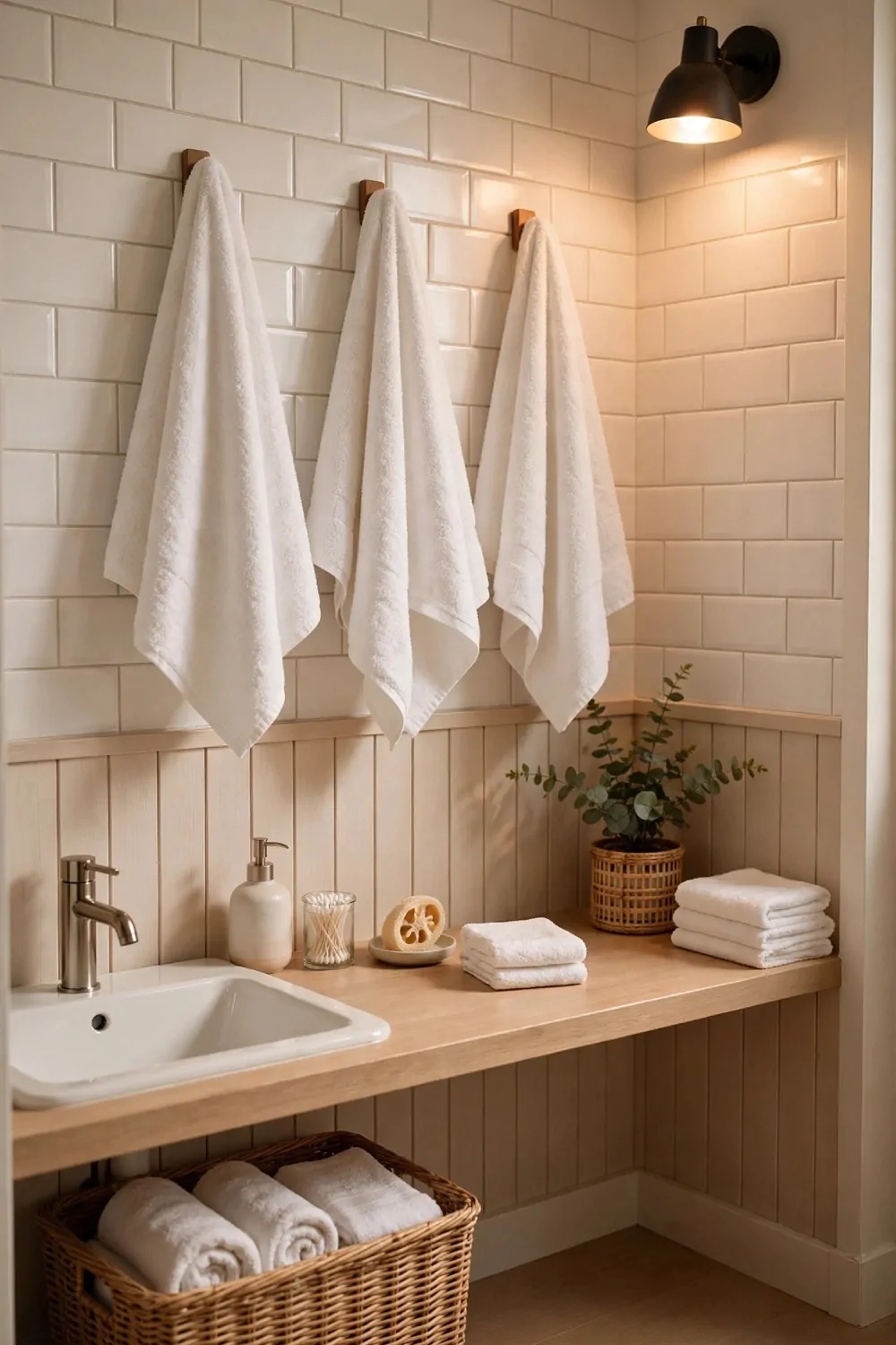 Matching white towels hanging on hooks in a small bathroom, warm light, tidy and calm