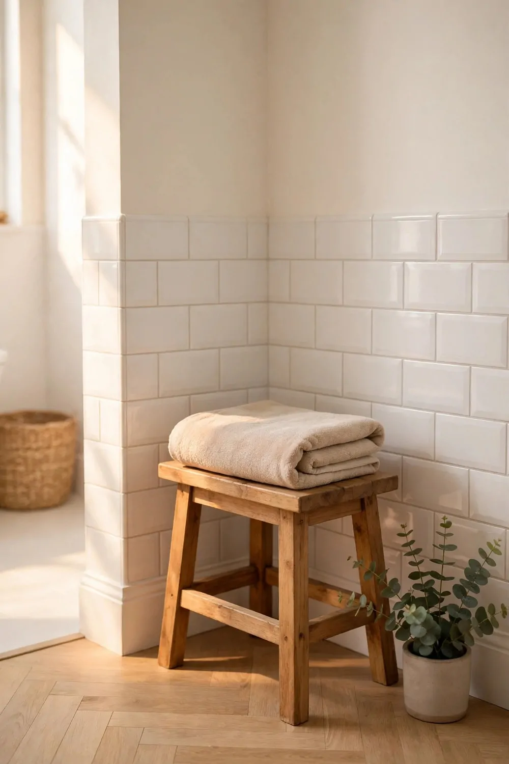 A small wooden stool in a bathroom corner with a folded towel on it, warm light, tidy and calm