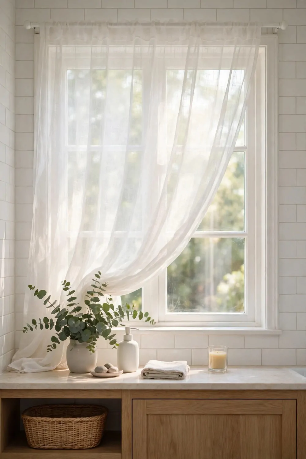 A bright bathroom window with a sheer white curtain, soft daylight, calm and fresh