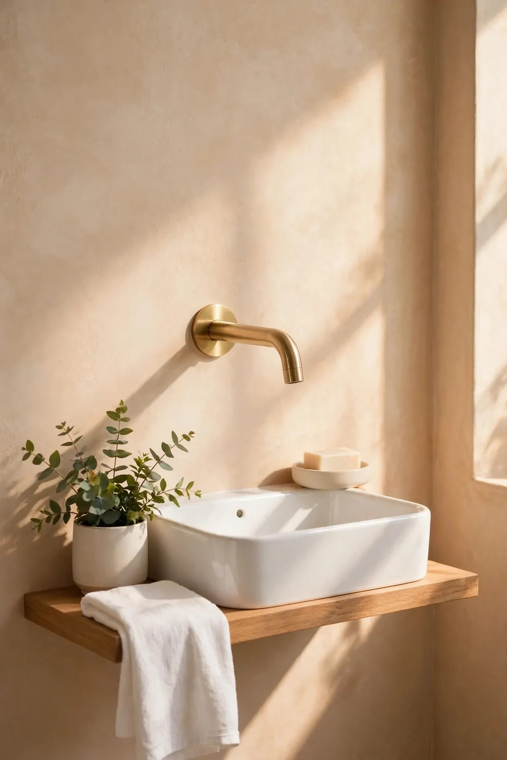 A wall-mounted tap over a small white bathroom sink, warm light, tidy and modern
