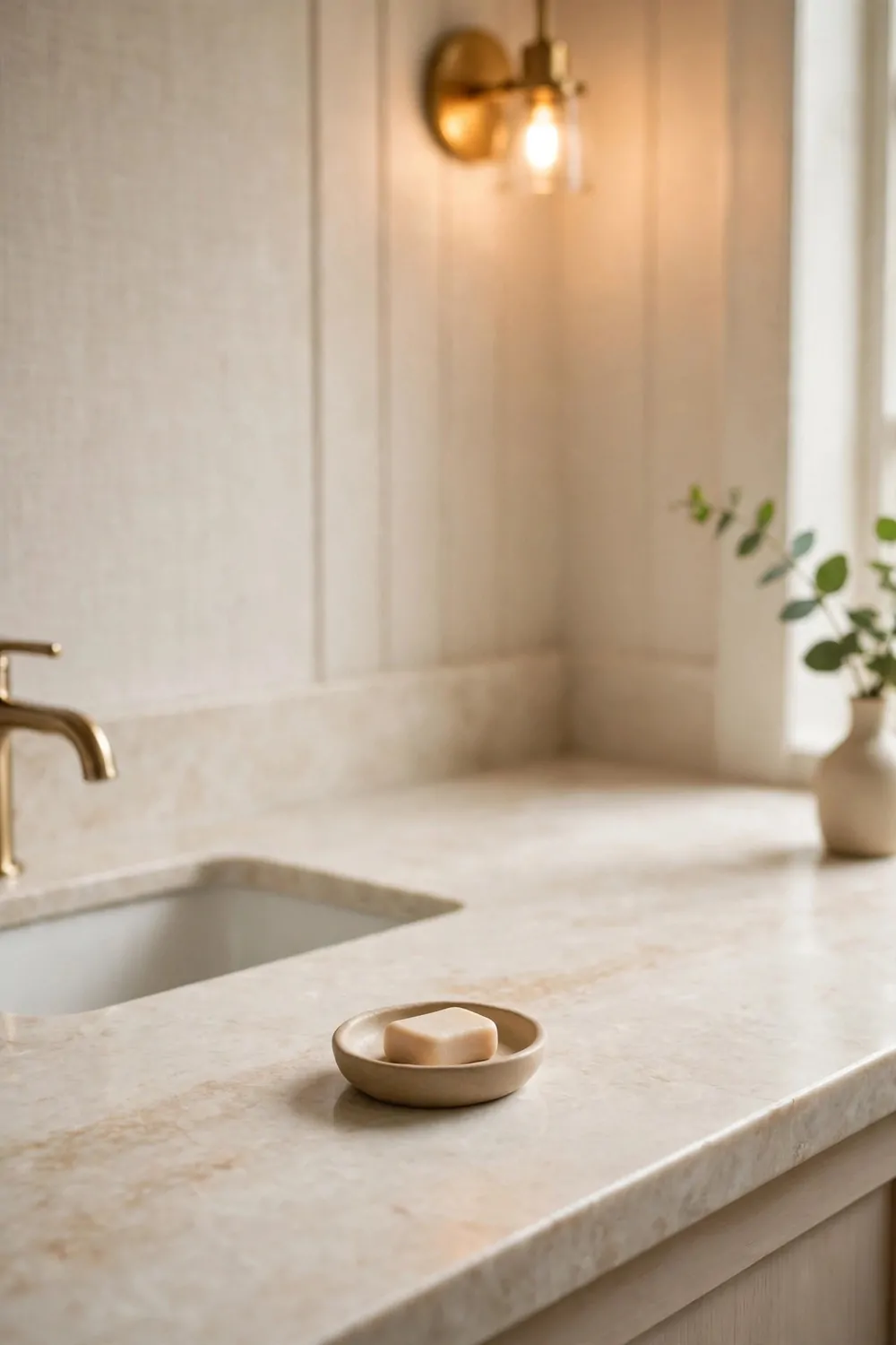 A clear empty bathroom counter with a small soap dish, warm light, tidy and calm