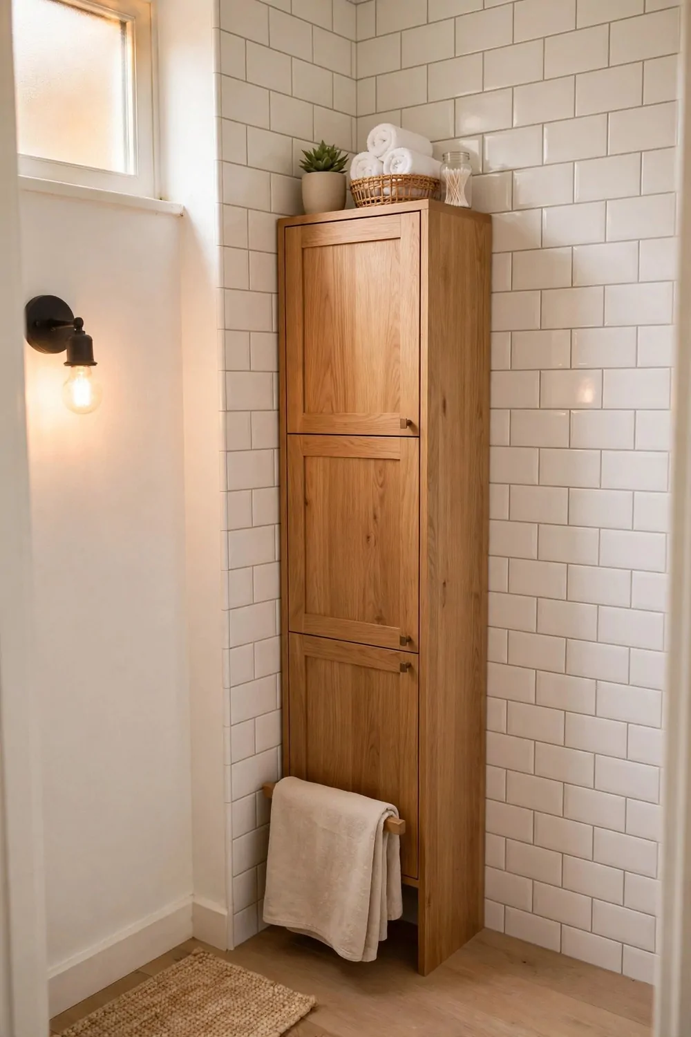 A tall thin wooden cabinet in a small bathroom corner, warm light, tidy and calm
