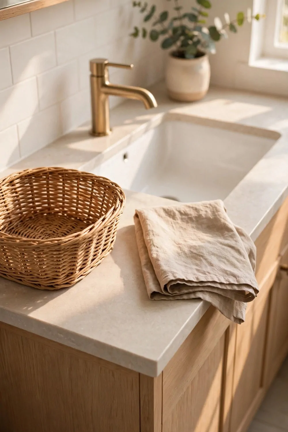 A clean tidy bathroom counter after a quick reset, empty basket and a cloth, warm light