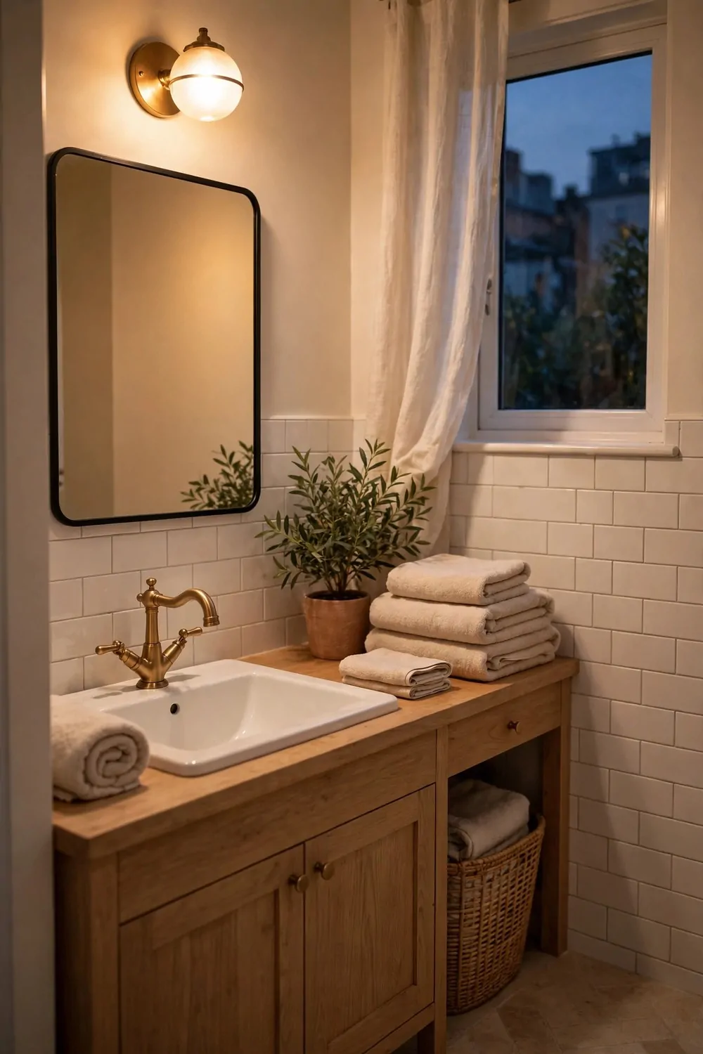 A small bathroom at dusk with warm light, folded towels and a small plant, calm and cozy