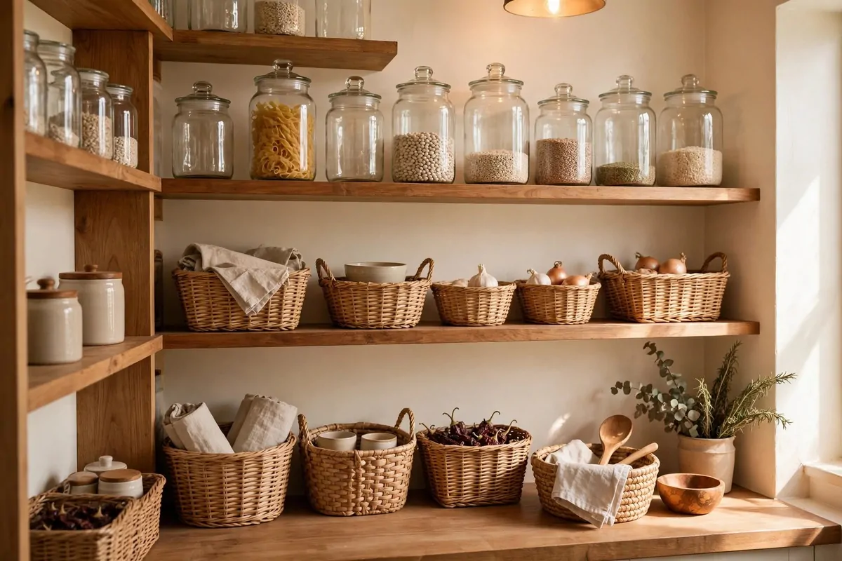 A small cozy kitchen pantry with wooden shelves, clear glass jars, woven baskets and warm light, tidy and calm, cooking feels easy