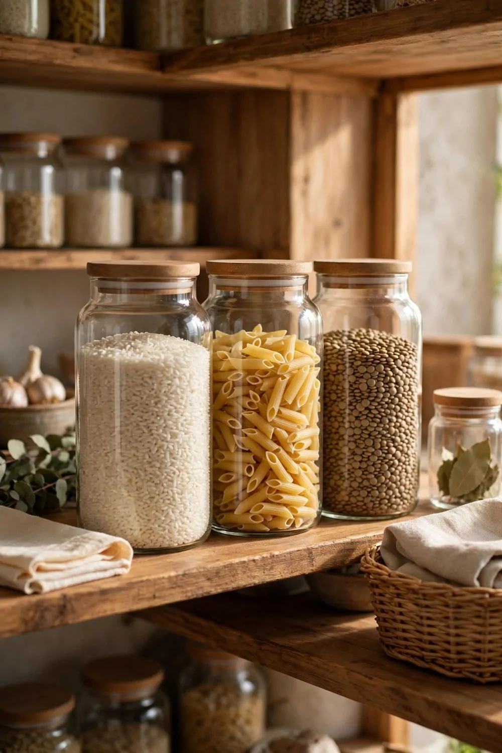 21 Small Kitchen Pantry Ideas That Make Cooking Easier 1 Clear glass jars full of rice, pasta and lentils on a wooden pantry shelf, warm light, tidy kitchen storage