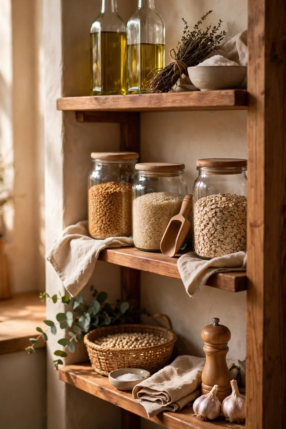 21 Small Kitchen Pantry Ideas That Make Cooking Easier 2 A wooden pantry shelf with everyday cooking items, oil, salt and grains within easy reach, warm light