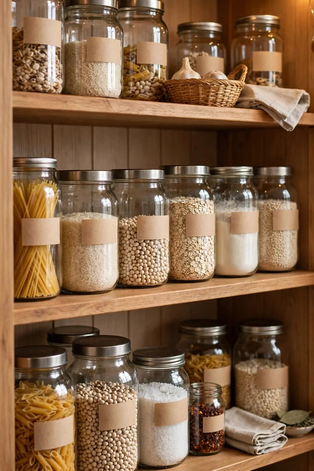 21 Small Kitchen Pantry Ideas That Make Cooking Easier 3 Small blank paper labels on clear glass jars in a kitchen pantry, warm light, tidy shelves