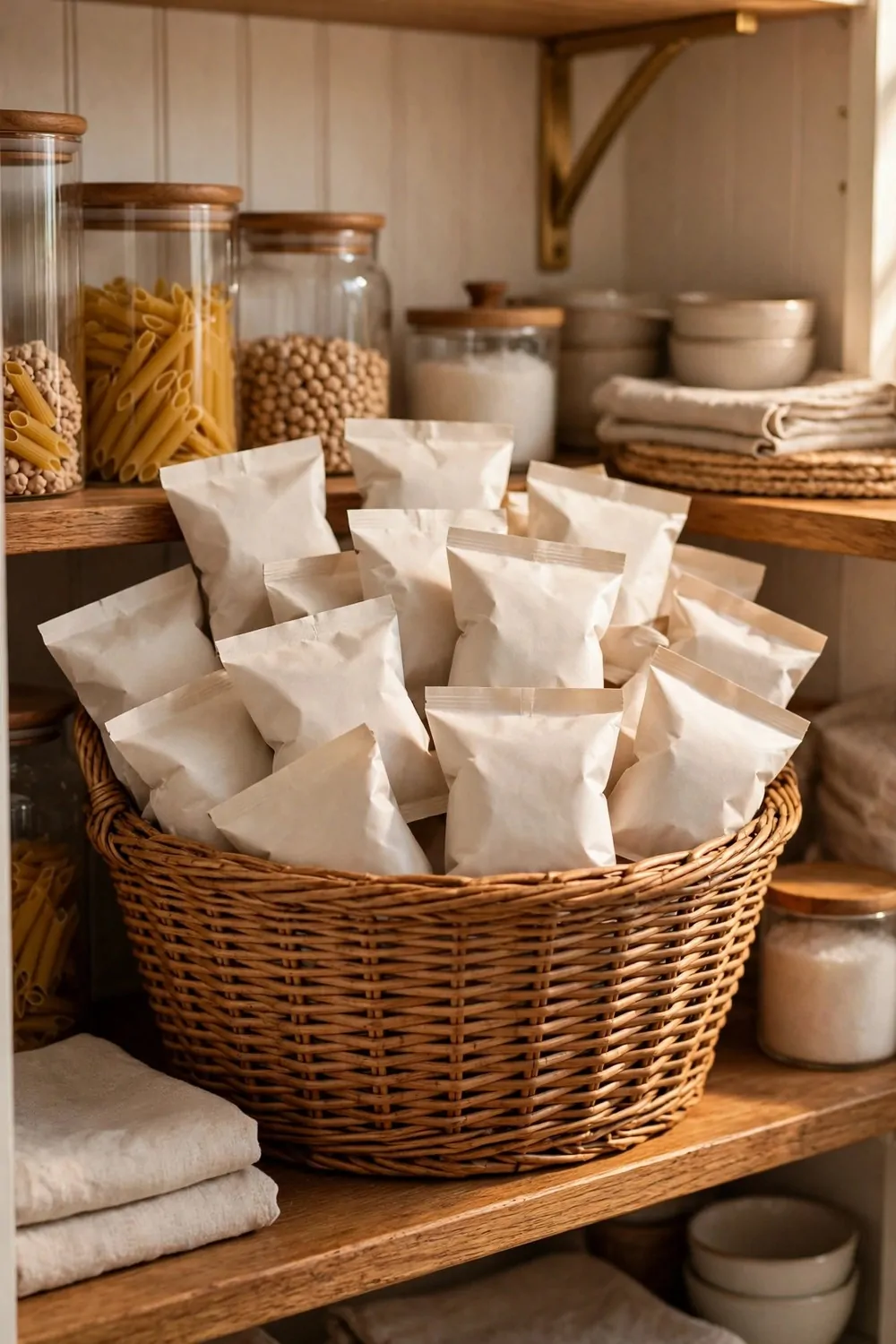 21 Small Kitchen Pantry Ideas That Make Cooking Easier 4 A woven basket full of small snack packs on a pantry shelf, warm light, tidy kitchen