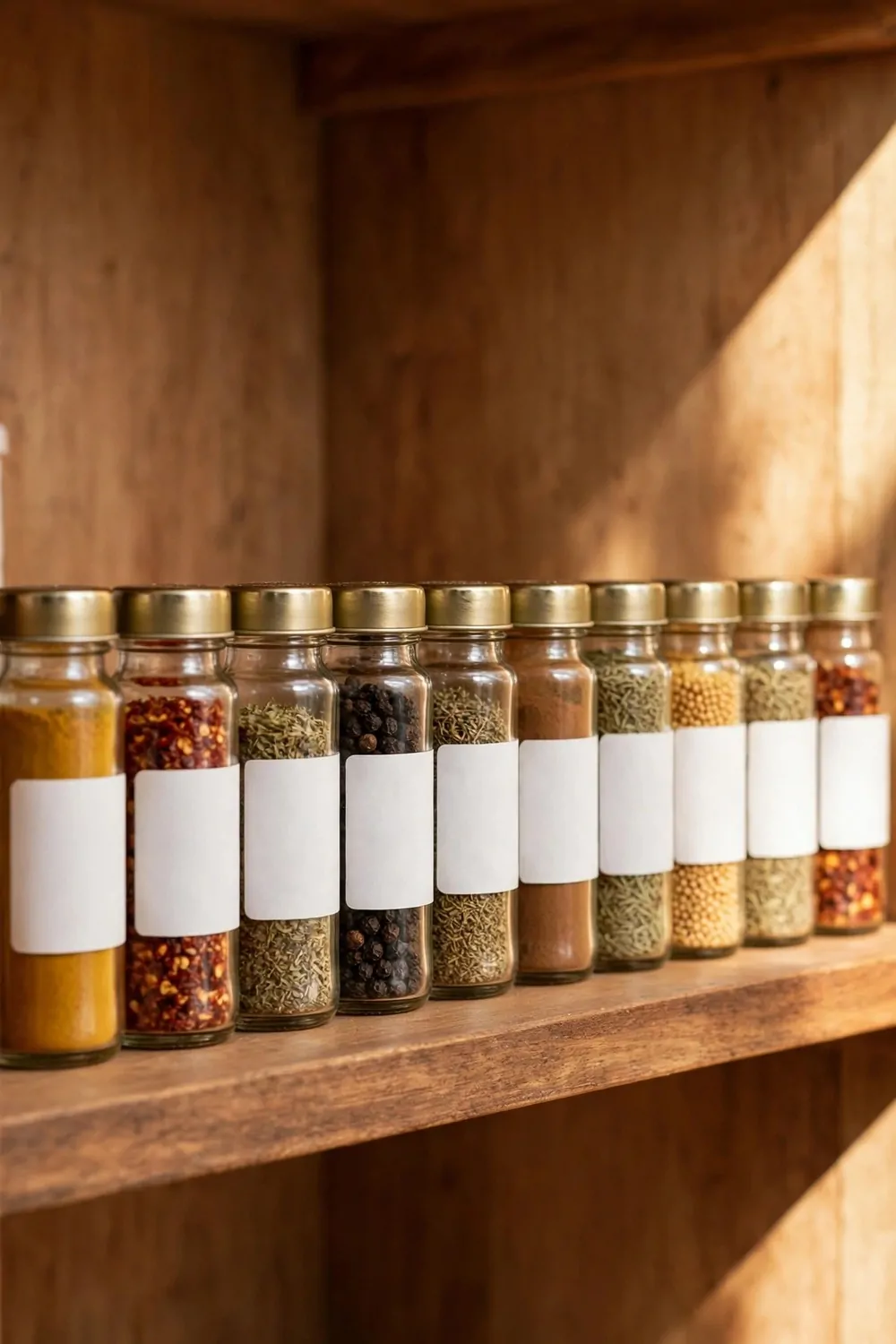 21 Small Kitchen Pantry Ideas That Make Cooking Easier 5 Small spice jars lined up in a straight row on a wooden pantry shelf, warm light