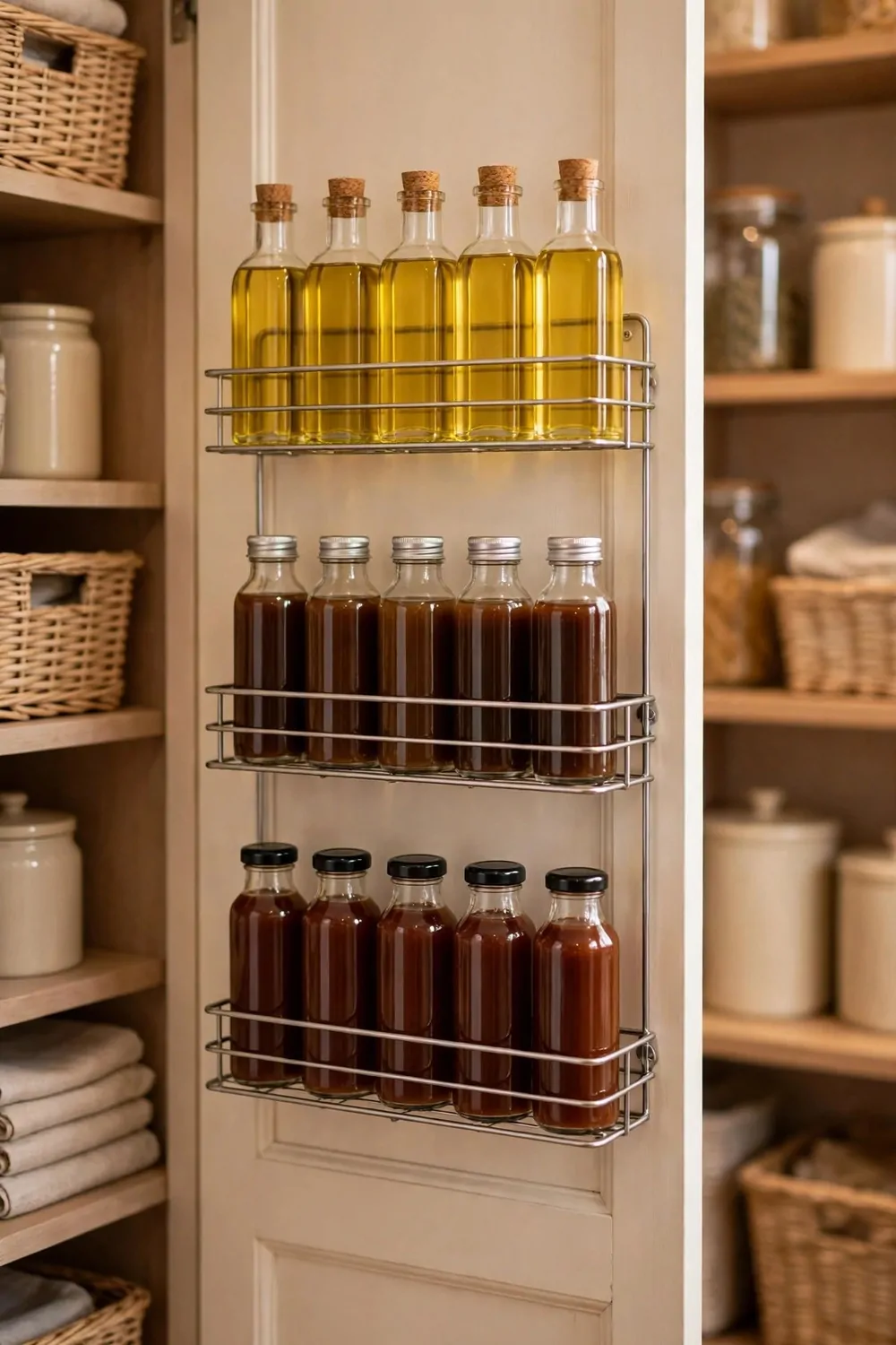 21 Small Kitchen Pantry Ideas That Make Cooking Easier 6 A pantry door rack holding small bottles of oil and sauces, warm light, tidy kitchen storage