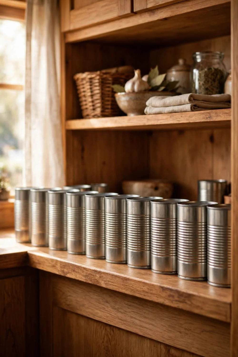 21 Small Kitchen Pantry Ideas That Make Cooking Easier 7 Canned goods lined up in one neat row on a wooden pantry shelf, warm light, tidy kitchen