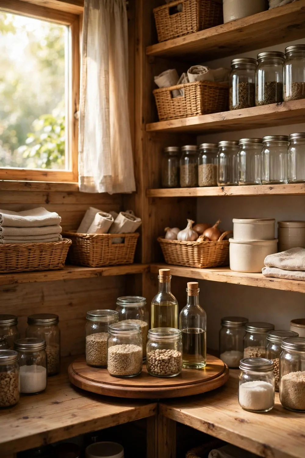 21 Small Kitchen Pantry Ideas That Make Cooking Easier 8 A wooden turntable with jars and bottles in a deep pantry corner, warm light, tidy storage
