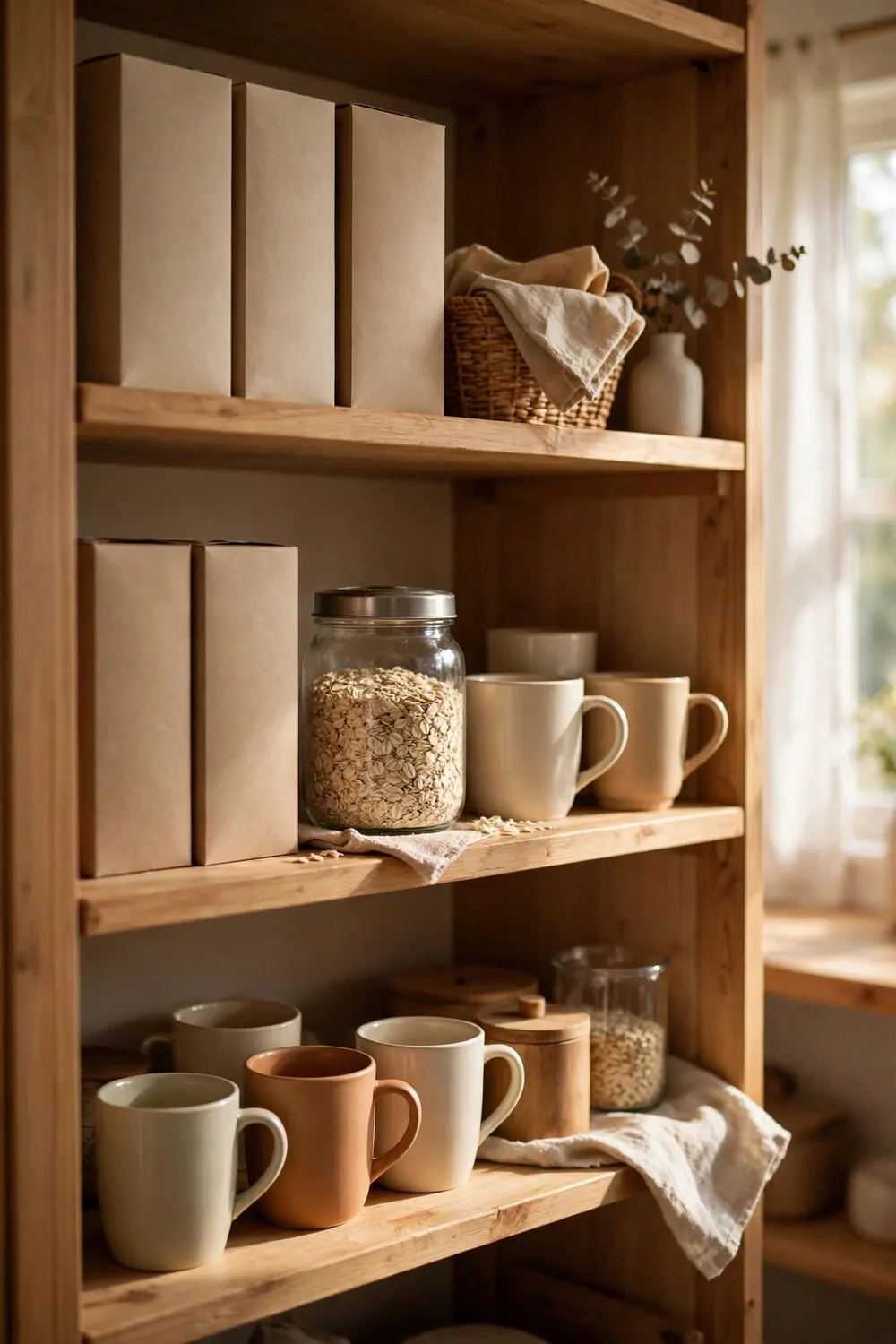 21 Small Kitchen Pantry Ideas That Make Cooking Easier 9 A breakfast shelf with cereal boxes, oats and mugs together in a kitchen pantry, warm light