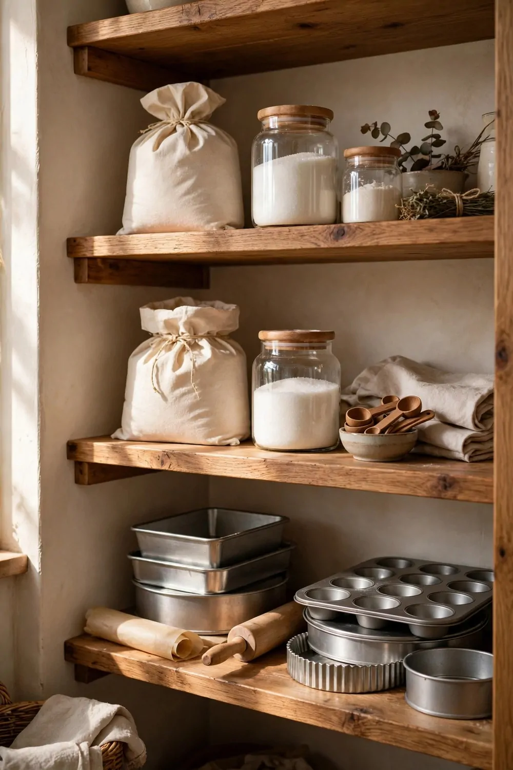 21 Small Kitchen Pantry Ideas That Make Cooking Easier 10 Baking supplies together on a pantry shelf, flour, sugar and baking tins, warm light