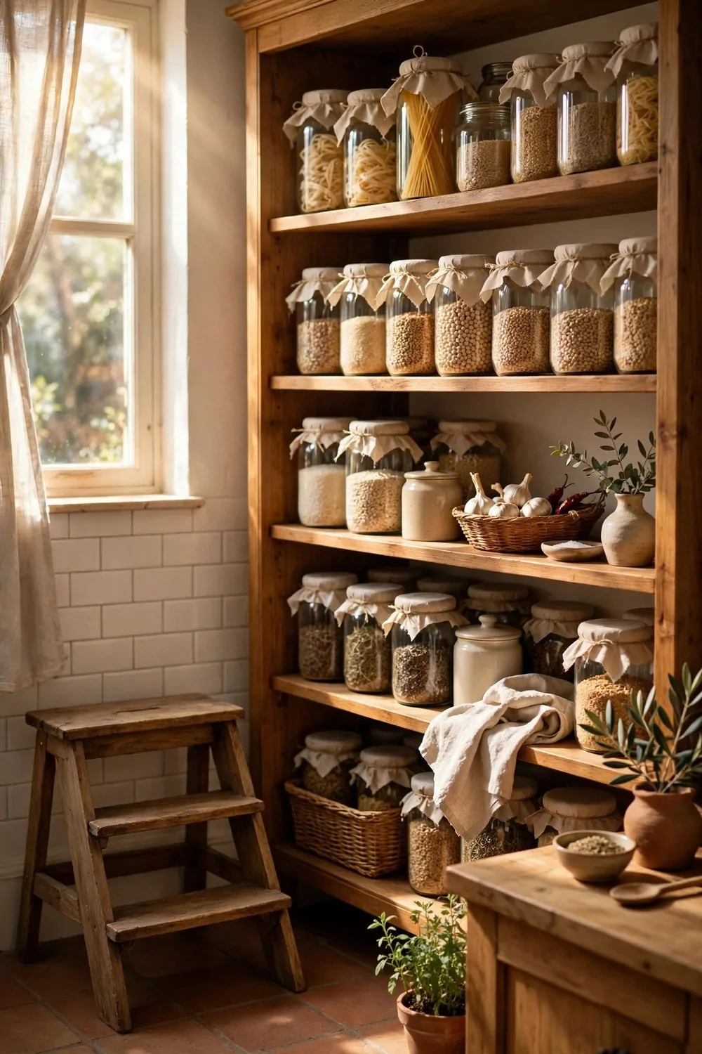 21 Small Kitchen Pantry Ideas That Make Cooking Easier 11 A small wooden step stool beside a kitchen pantry shelf, warm light, cozy kitchen
