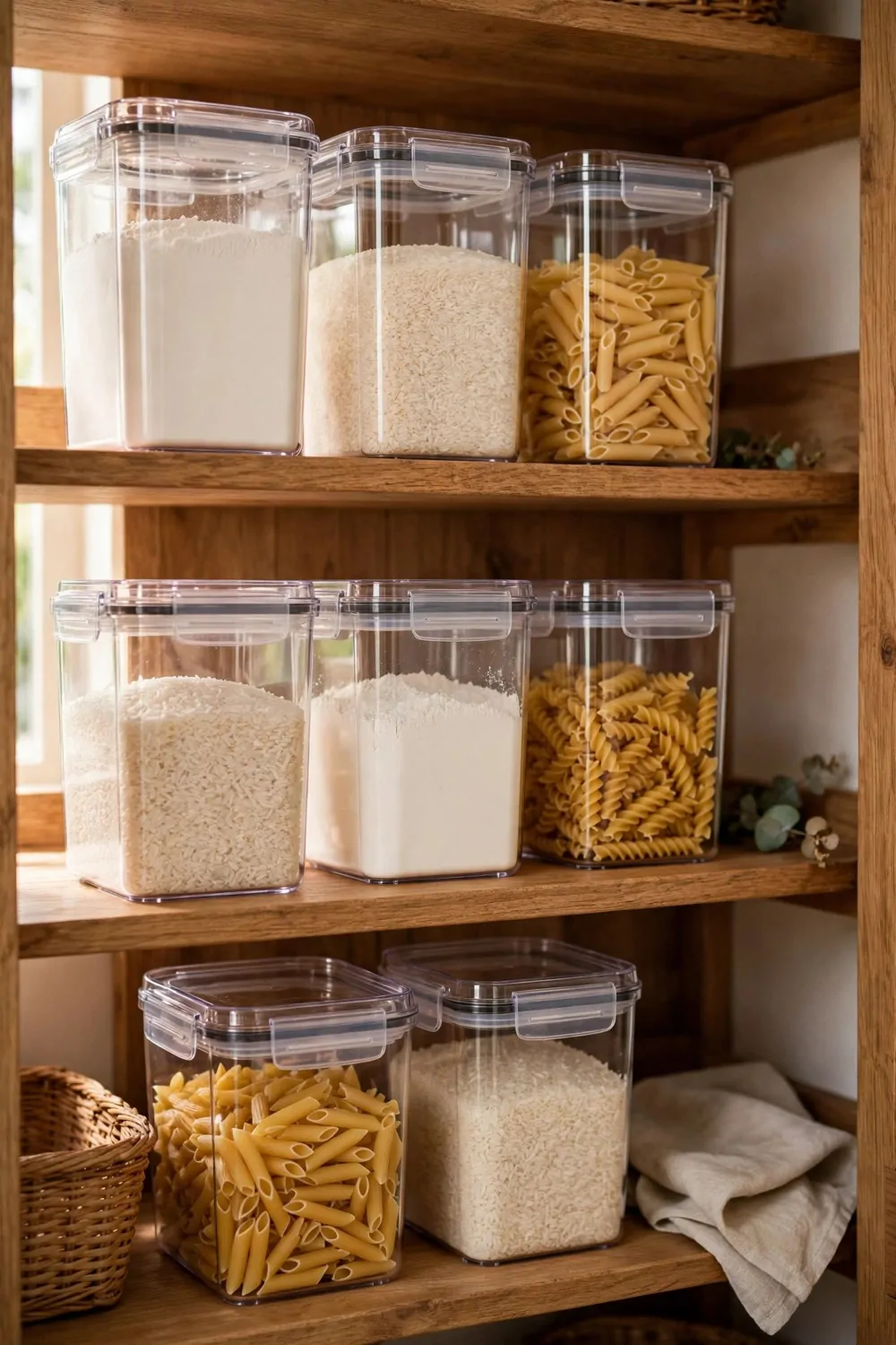 21 Small Kitchen Pantry Ideas That Make Cooking Easier 12 Airtight boxes full of dry goods on a pantry shelf, flour, rice and pasta, warm light
