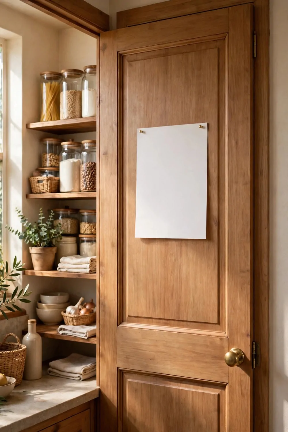 21 Small Kitchen Pantry Ideas That Make Cooking Easier 13 A weekly shopping list on a blank paper note pinned to a pantry door, warm light, tidy kitchen