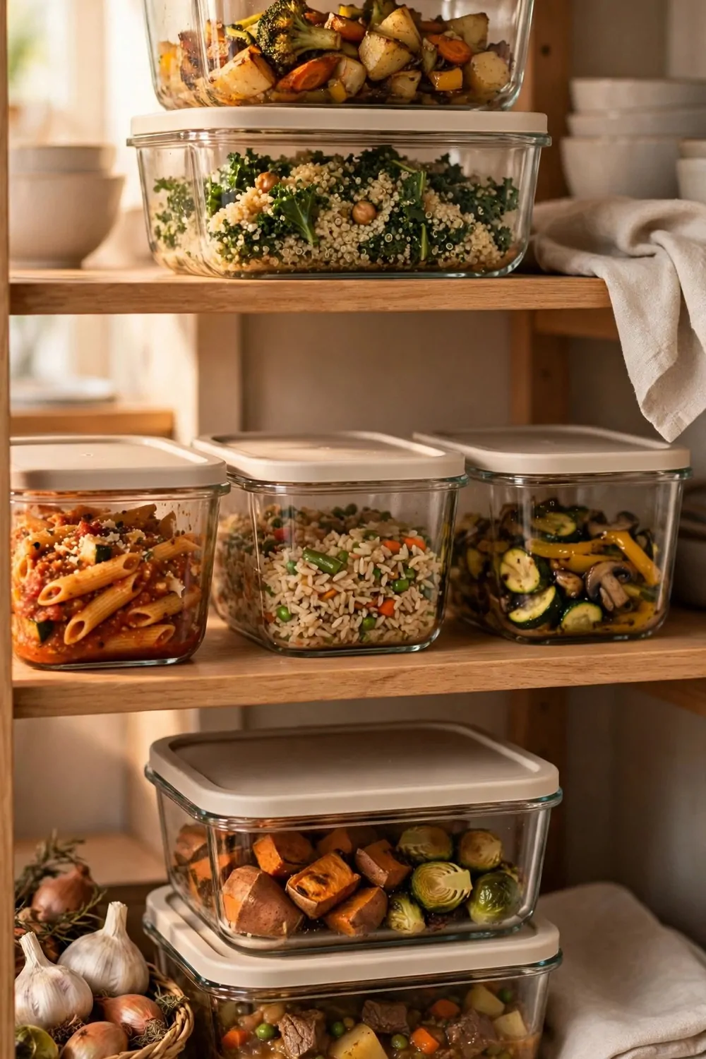 21 Small Kitchen Pantry Ideas That Make Cooking Easier 14 Glass food containers with leftovers stacked neatly on a pantry shelf, warm light, tidy kitchen