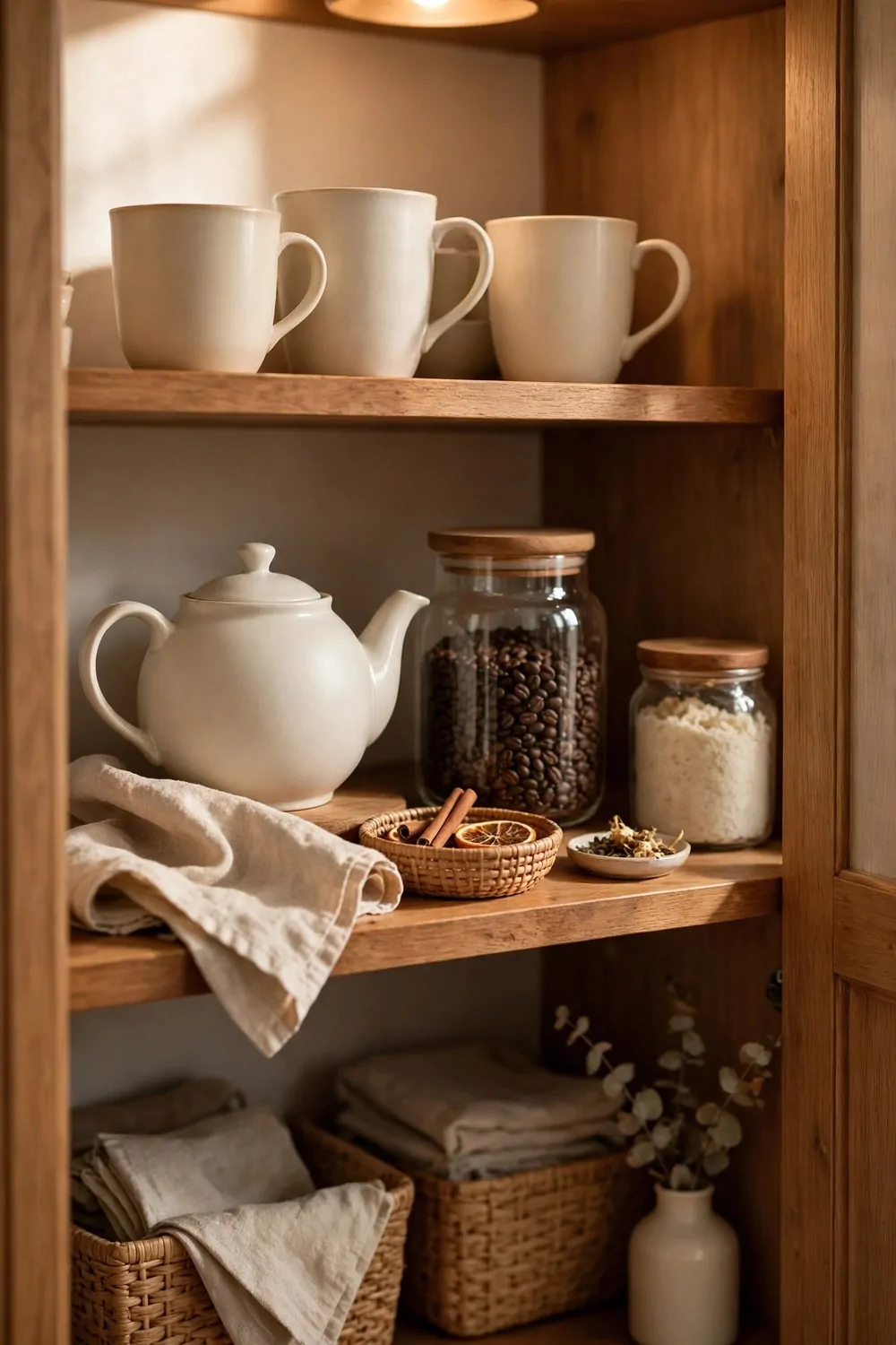 21 Small Kitchen Pantry Ideas That Make Cooking Easier 15 A tea and coffee corner in a kitchen pantry, mugs, teapot and coffee jar, warm light
