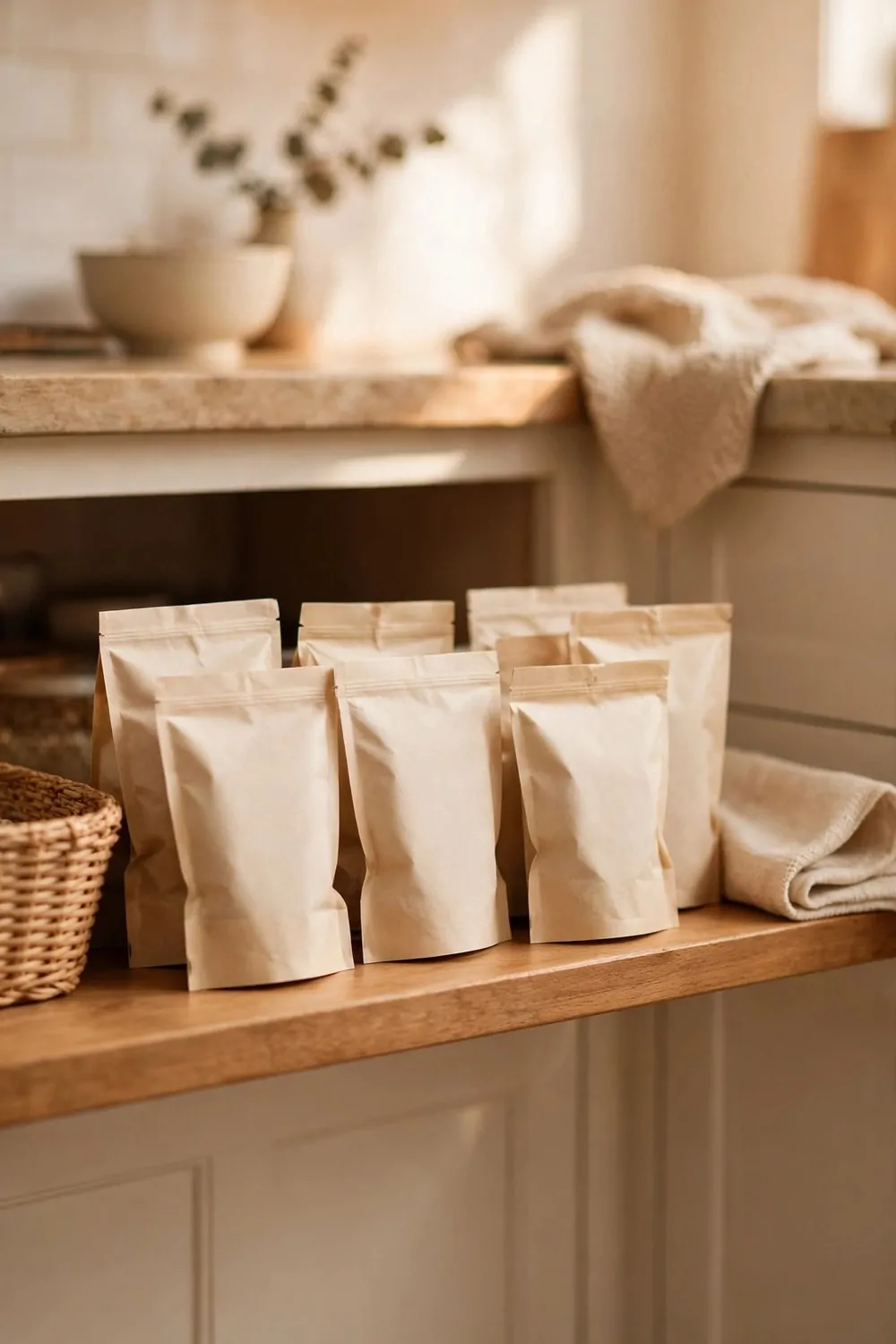21 Small Kitchen Pantry Ideas That Make Cooking Easier 16 Small snack packs on a low pantry shelf at child height, warm light, tidy kitchen