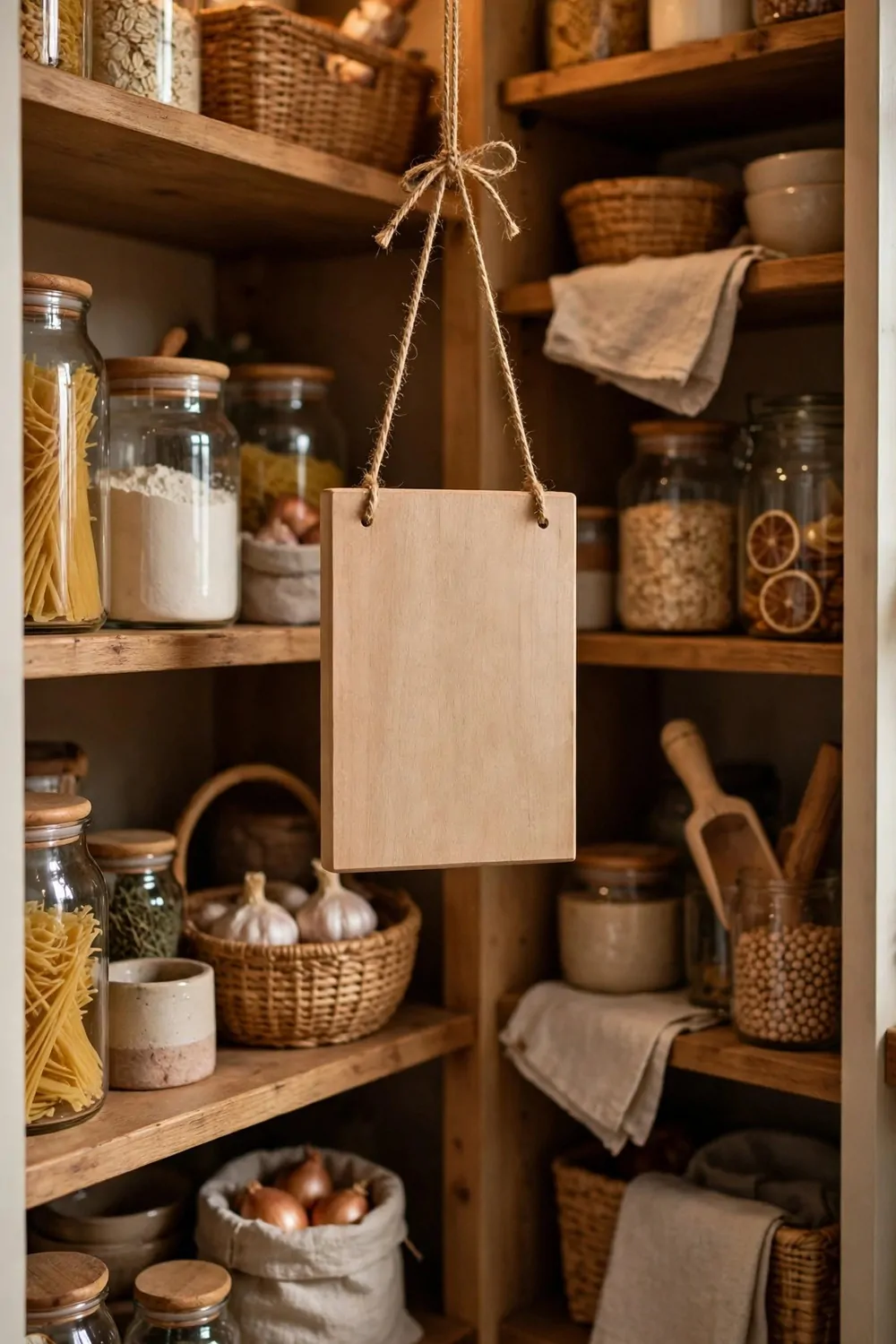 21 Small Kitchen Pantry Ideas That Make Cooking Easier 17 A small blank wooden board for meal notes hanging in a kitchen pantry, warm light
