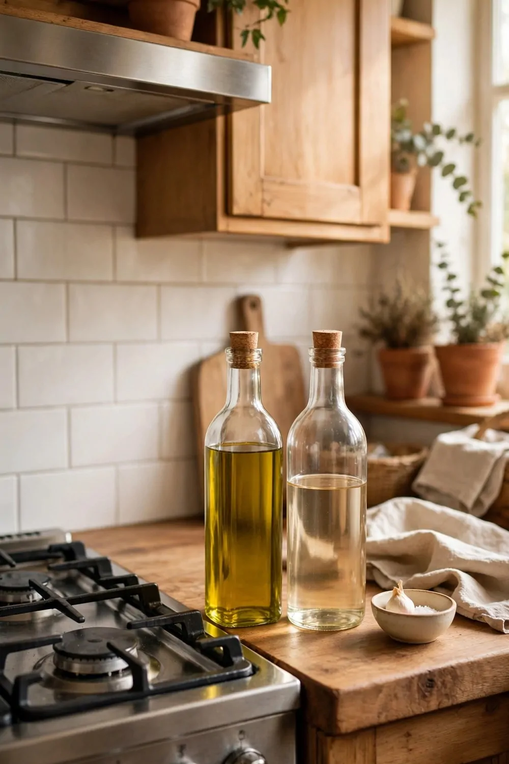 21 Small Kitchen Pantry Ideas That Make Cooking Easier 18 Bottles of oil and vinegar beside a stove in a warm kitchen, soft light