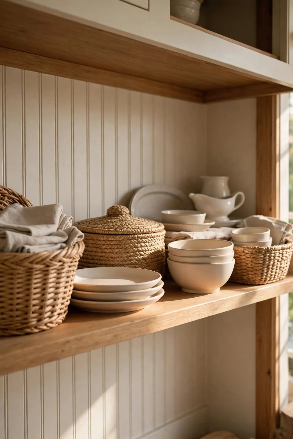 21 Small Kitchen Pantry Ideas That Make Cooking Easier 19 A tidy top pantry shelf with rarely used dishes and baskets, warm light, calm kitchen