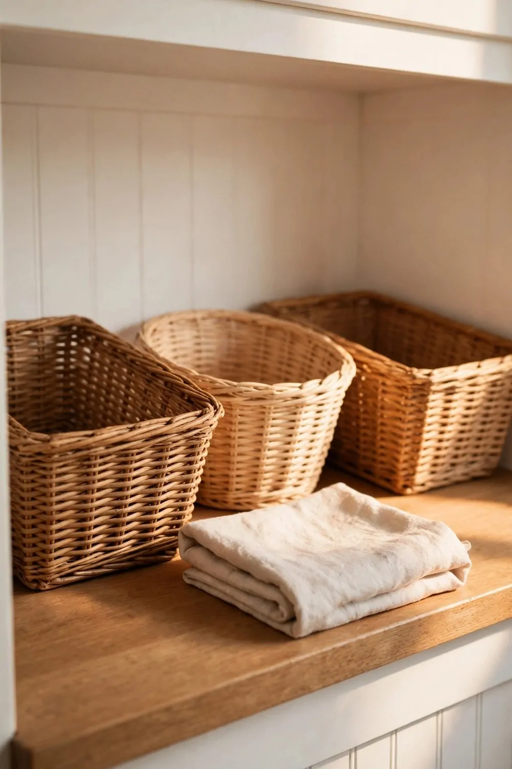 21 Small Kitchen Pantry Ideas That Make Cooking Easier 20 A clean pantry shelf after a quick tidy, empty baskets and a cloth, warm light