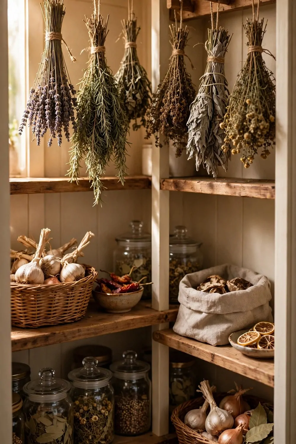 21 Small Kitchen Pantry Ideas That Make Cooking Easier 21 Dried herbs hanging in a small kitchen pantry, warm light, cozy home cooking feel