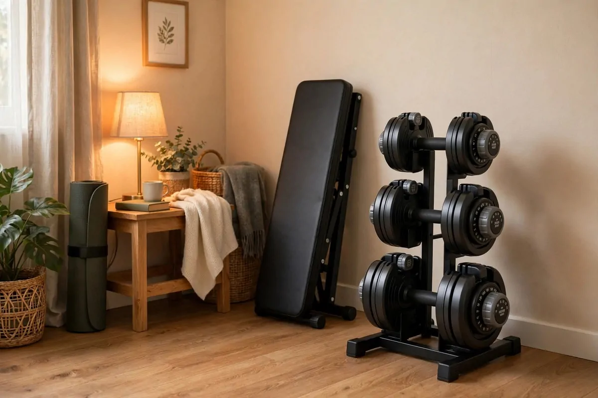 21 Small Workout Space at Home Setups That Actually Work 1 A cosy living room corner with adjustable dumbbells on a small stand, a folded bench leaning against the wall and a rolled exercise mat
