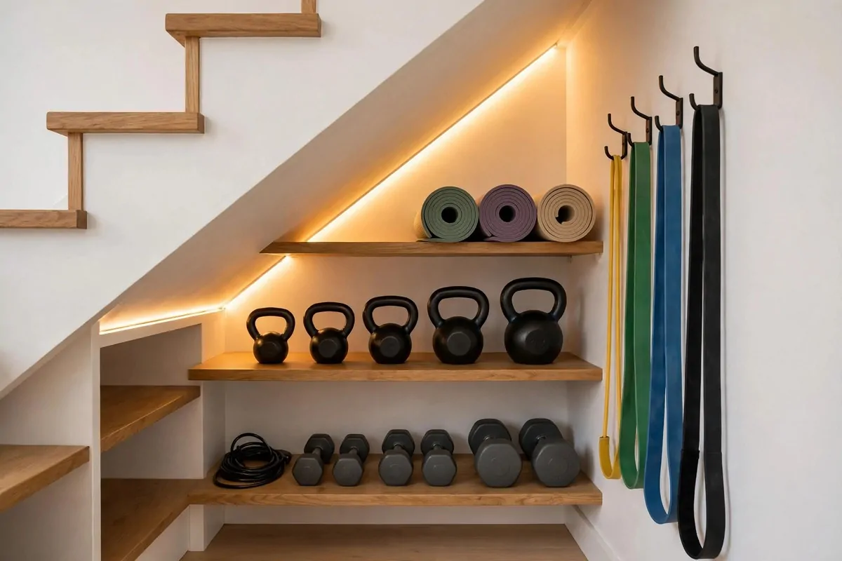 21 Small Workout Space at Home Setups That Actually Work 2 The space under a staircase fitted with shelves holding kettlebells, dumbbells and rolled mats, with resistance bands on wall hooks
