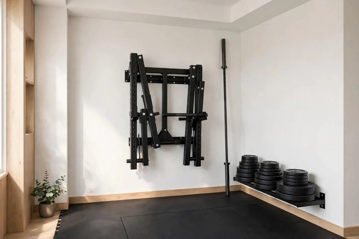 21 Small Workout Space at Home Setups That Actually Work 3 A small gym wall with a folded wall-mounted rack, a barbell stored upright and weight plates stacked on a low wall rack