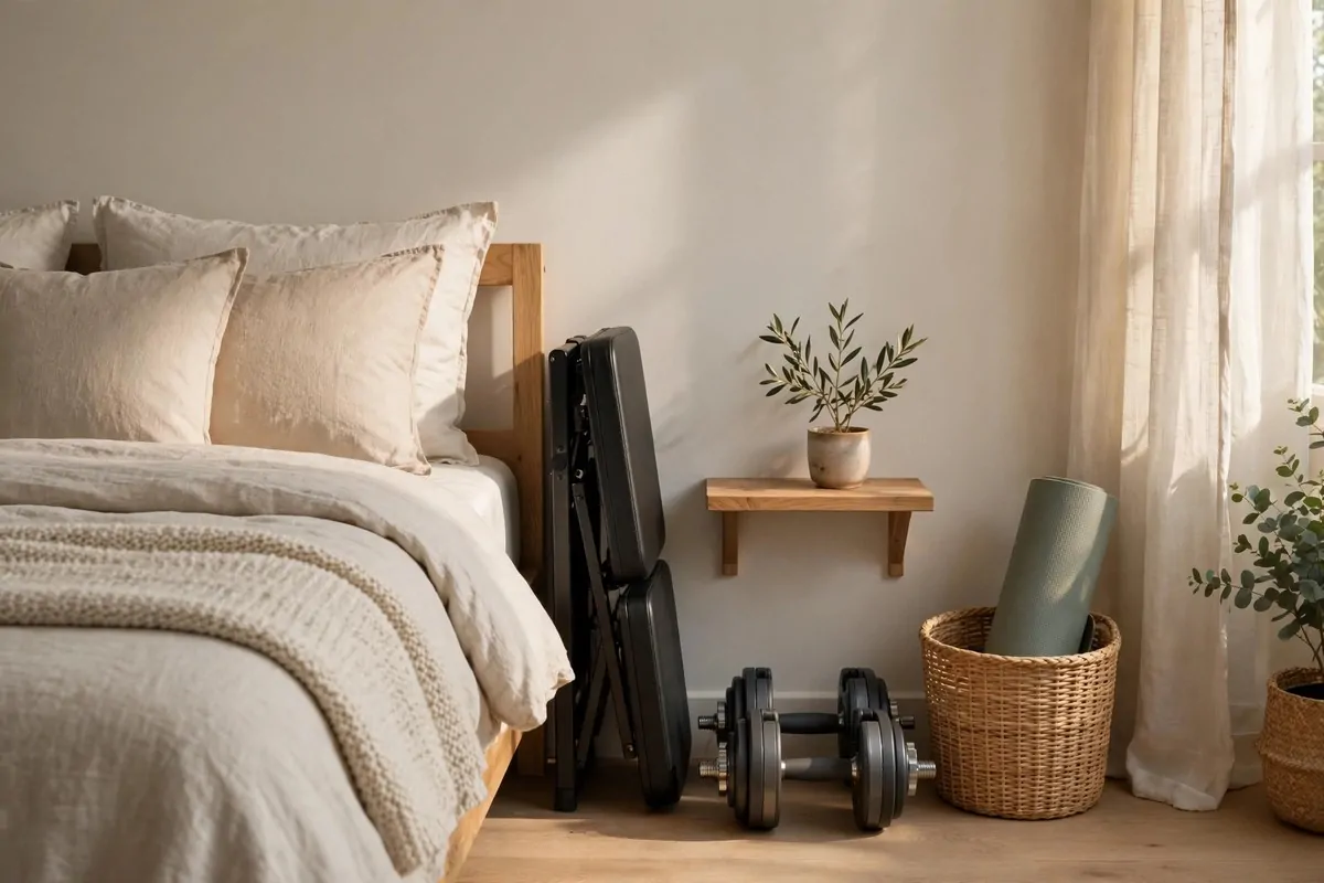 21 Small Workout Space at Home Setups That Actually Work 4 A calm bedroom corner with a foldable bench tucked beside the bed, dumbbells under a wooden shelf and a rolled mat in a basket
