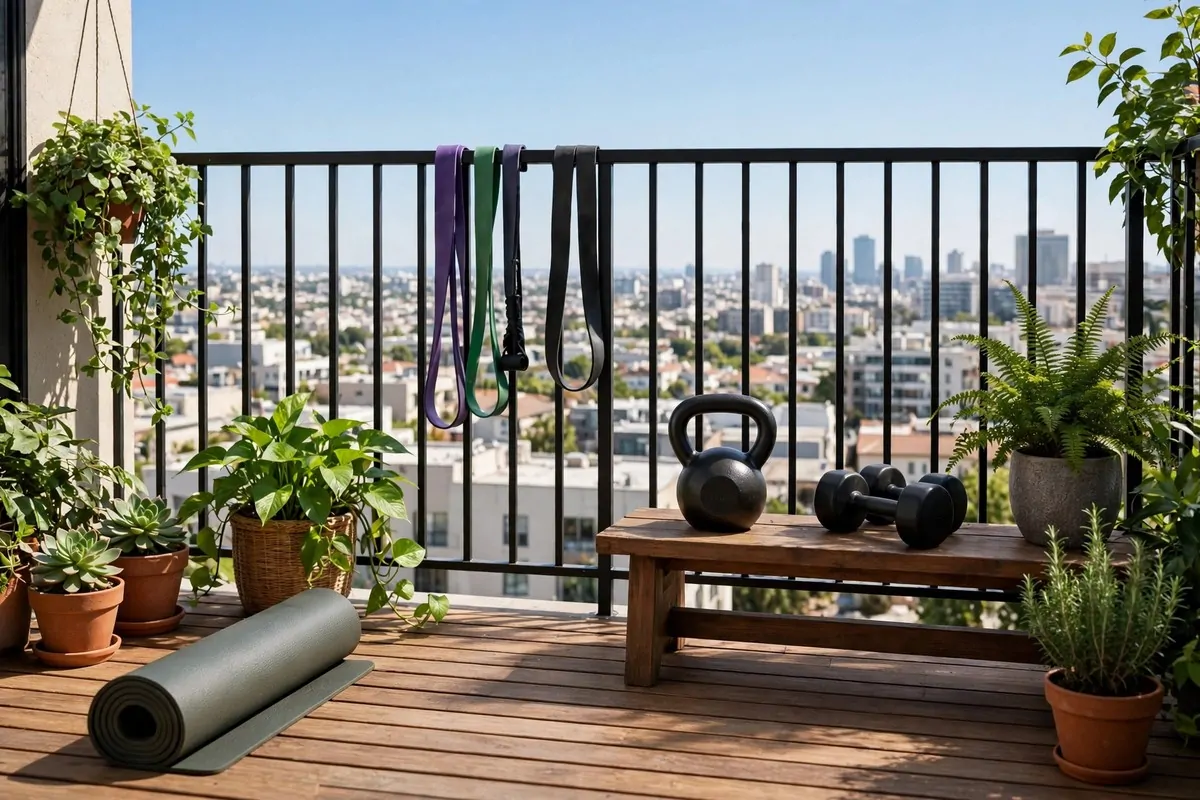 21 Small Workout Space at Home Setups That Actually Work 5 A small apartment balcony with a rolled mat on wooden decking, a kettlebell and dumbbells on a low bench and bands on the railing