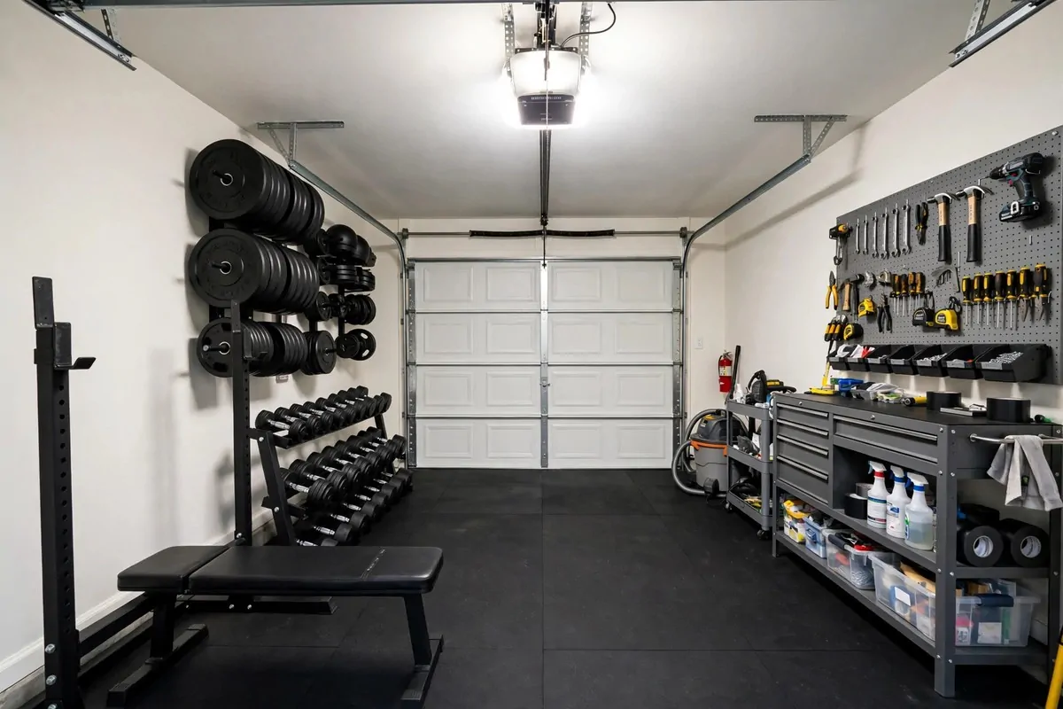 21 Small Workout Space at Home Setups That Actually Work 6 A garage wall set up as a workout zone with a compact rack, bench, dumbbell rack and plates on wall storage over rubber floor tiles