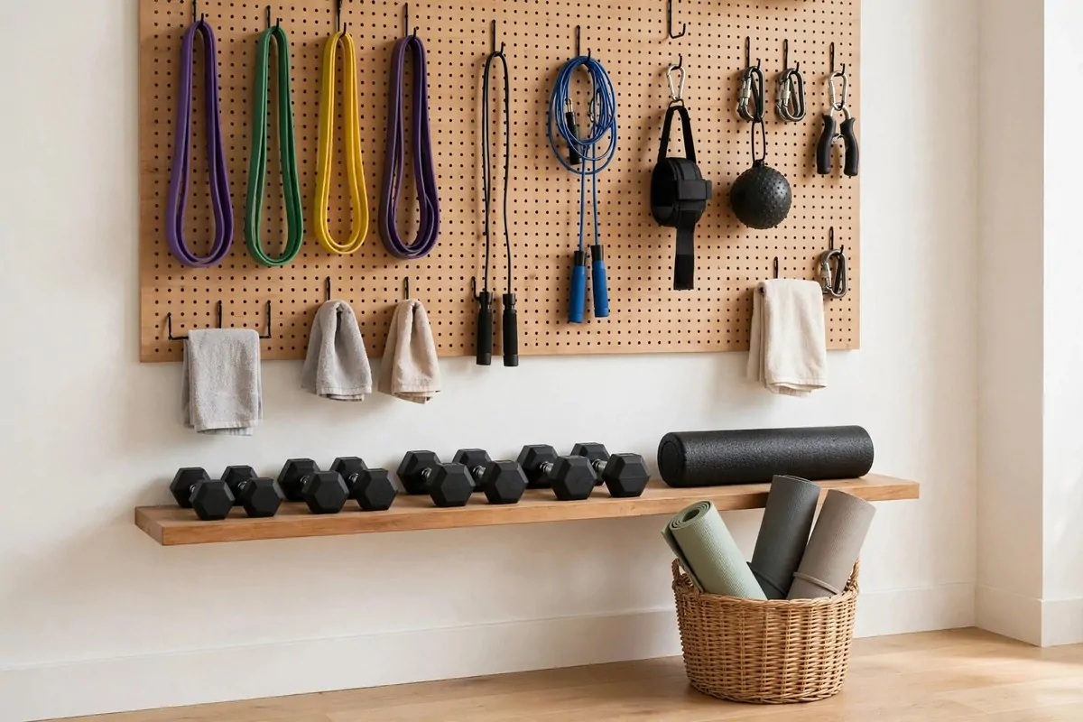 21 Small Workout Space at Home Setups That Actually Work 7 A home workout wall with a large pegboard holding bands, ropes and accessories on hooks above a low shelf with dumbbells and a foam roller