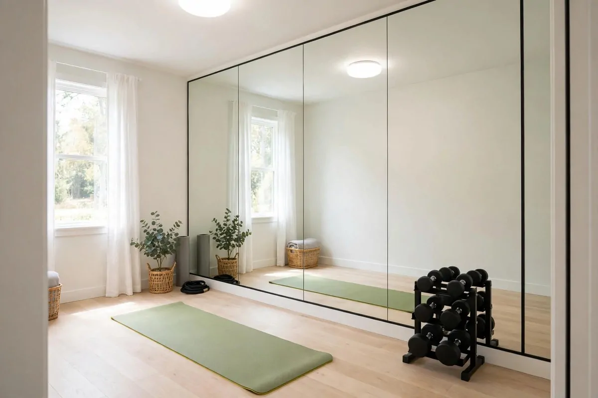 21 Small Workout Space at Home Setups That Actually Work 8 A small workout room with a full-length mirror on one wall, an exercise mat on a light wood floor and dumbbells on a small rack