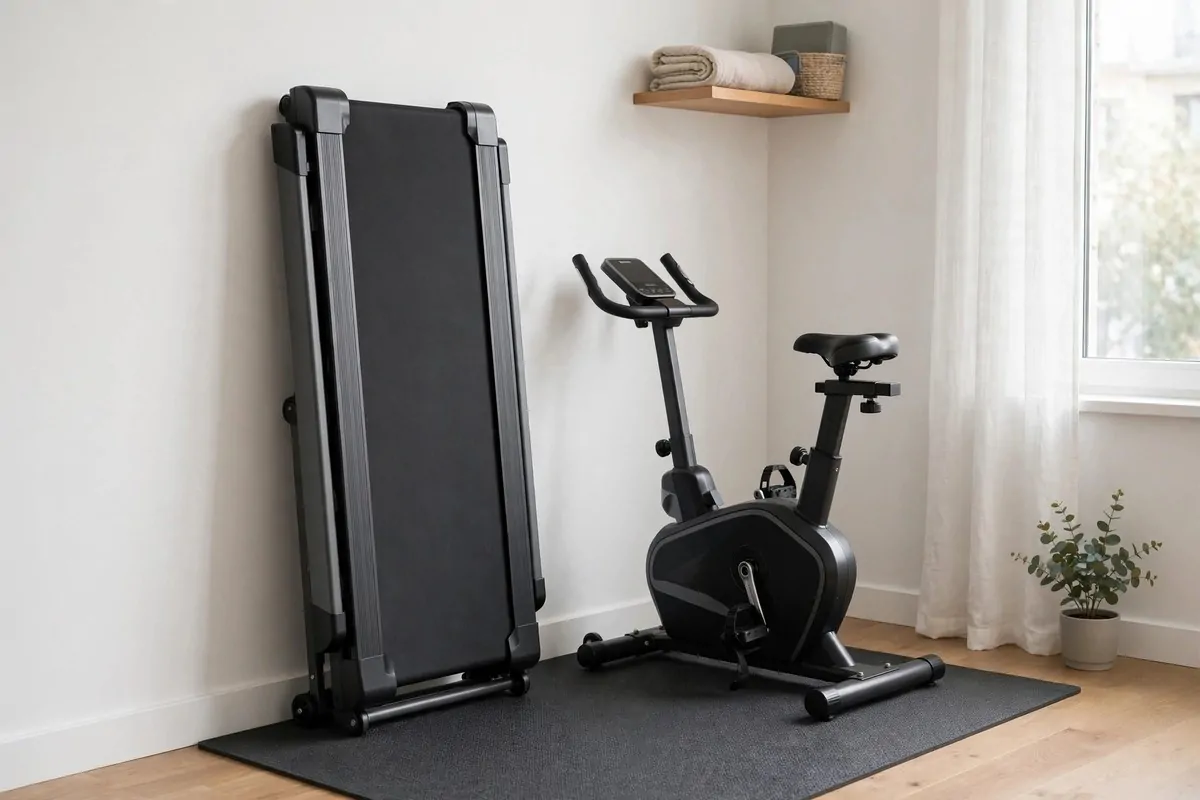 21 Small Workout Space at Home Setups That Actually Work 9 A compact apartment corner with a slim treadmill folded upright against the wall and an exercise bike tucked beside it on a rubber mat