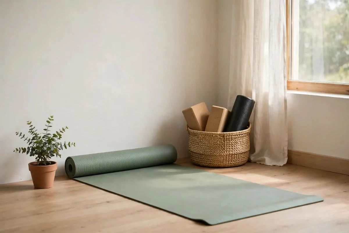 21 Small Workout Space at Home Setups That Actually Work 10 A calm room corner set up for yoga with an unrolled mat, a foam roller and blocks in a woven basket and a small potted plant