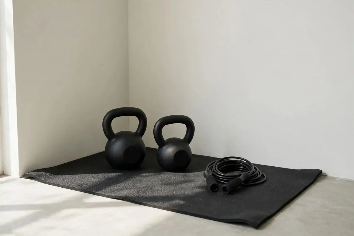 21 Small Workout Space at Home Setups That Actually Work 11 A small empty room corner with two kettlebells on a rubber mat and a coiled jump rope beside them against a pale wall