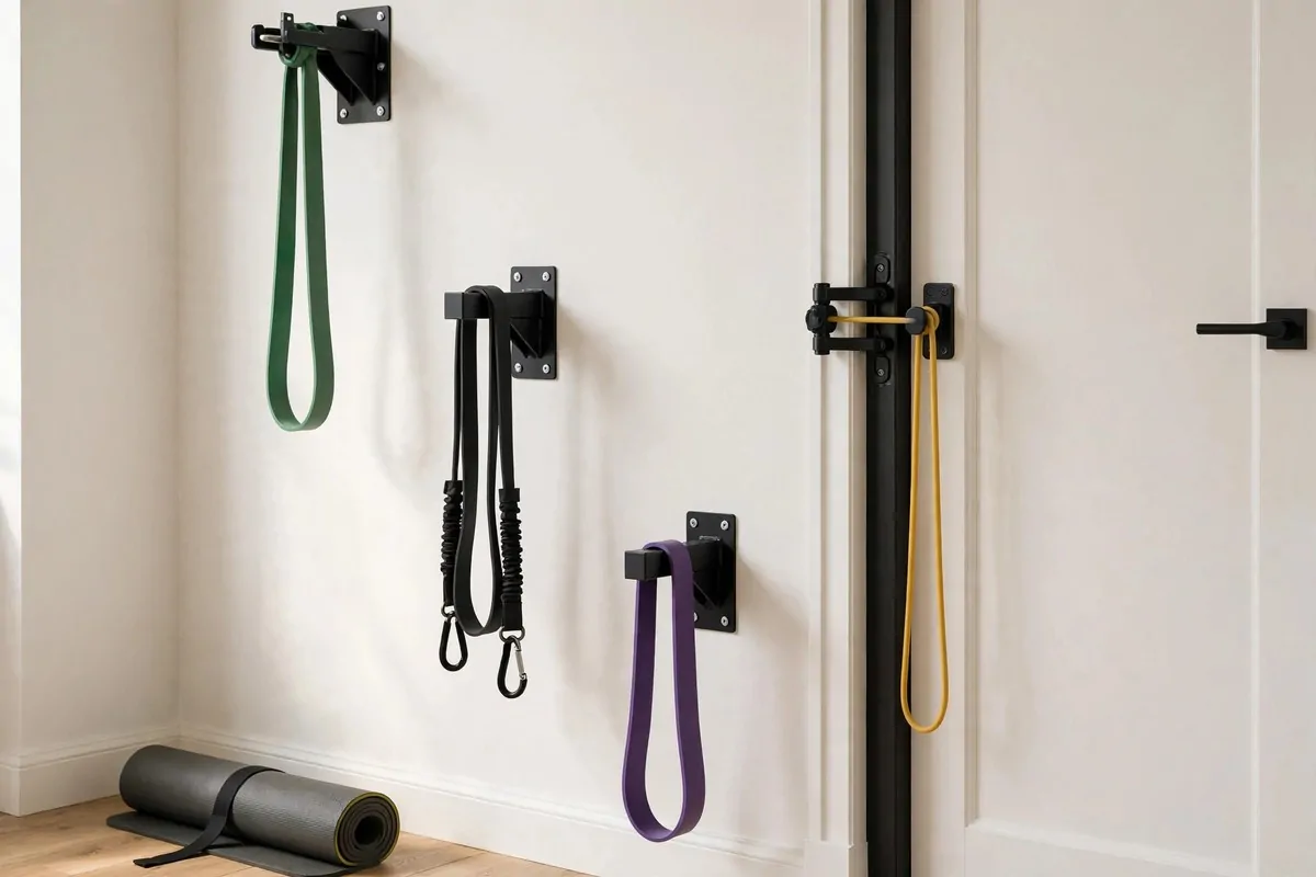 21 Small Workout Space at Home Setups That Actually Work 12 A home gym wall with resistance bands anchored at different heights on sturdy mounts, bands hanging neatly and a rolled mat nearby