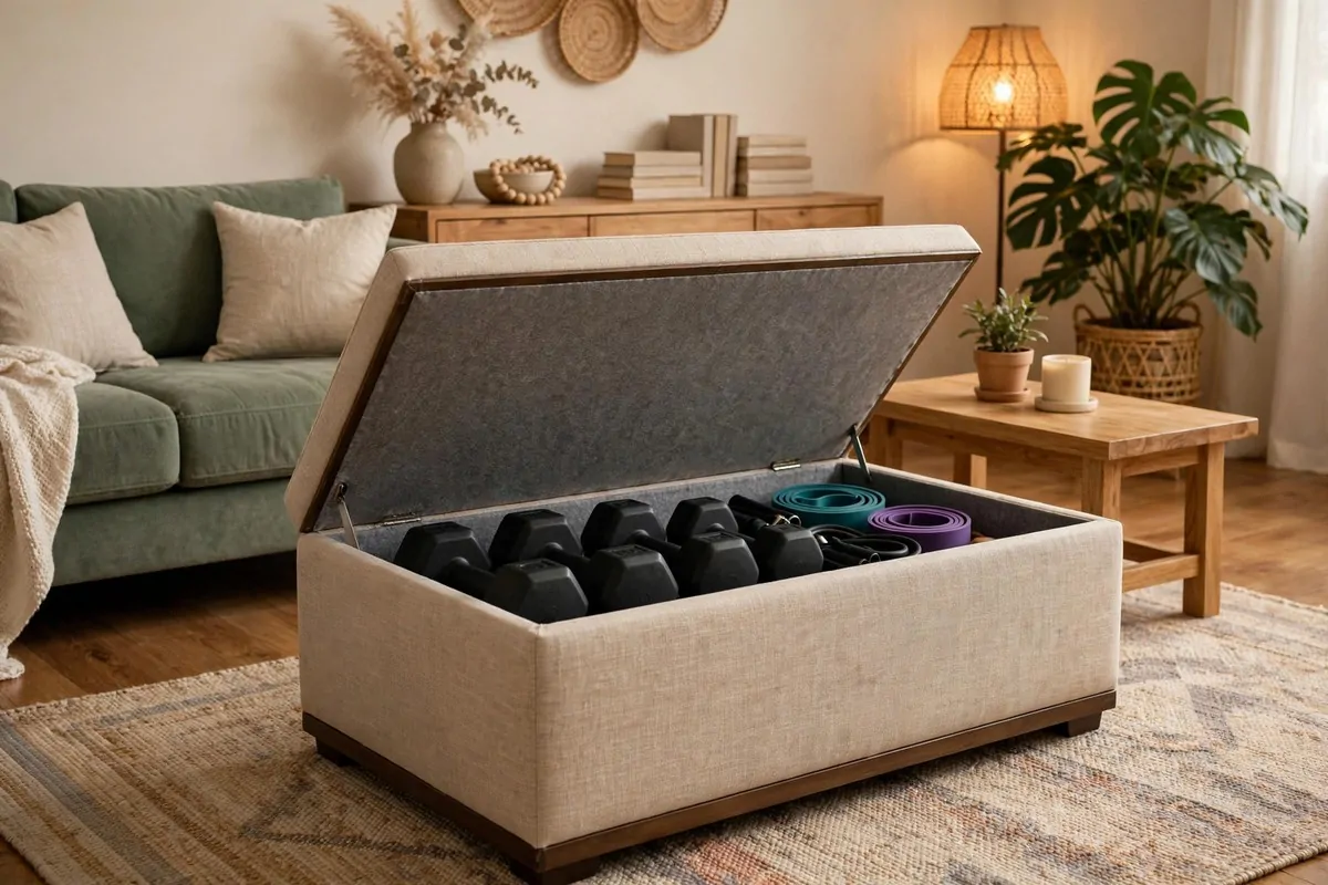 21 Small Workout Space at Home Setups That Actually Work 13 A living room with a large storage ottoman with the lid open showing dumbbells and bands stored neatly inside
