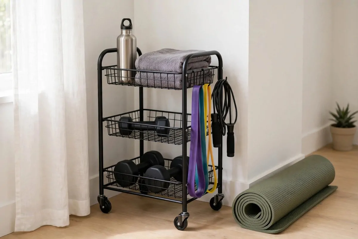 21 Small Workout Space at Home Setups That Actually Work 14 A sturdy rolling cart filled with dumbbells, bands and a jump rope parked in a bright room corner next to a rolled mat