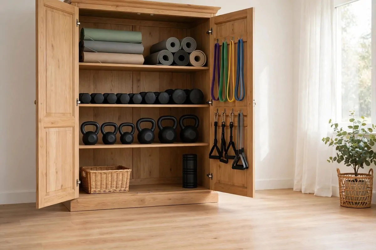 21 Small Workout Space at Home Setups That Actually Work 15 An open wardrobe closet fitted with shelves holding dumbbells, kettlebells and rolled mats, with bands on hooks and clear floor space in front